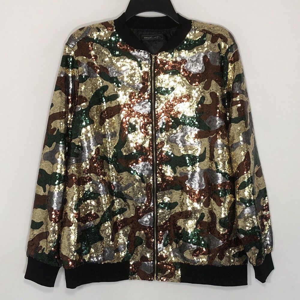 Sequined Glamour Camo Bomber Jacket Size 1X Boutique Full Zipper Fully Lined